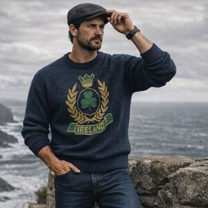 90s Blarney Castle Irish Pure Wool Sweater XXL Blue Crest Clover Made in Ireland